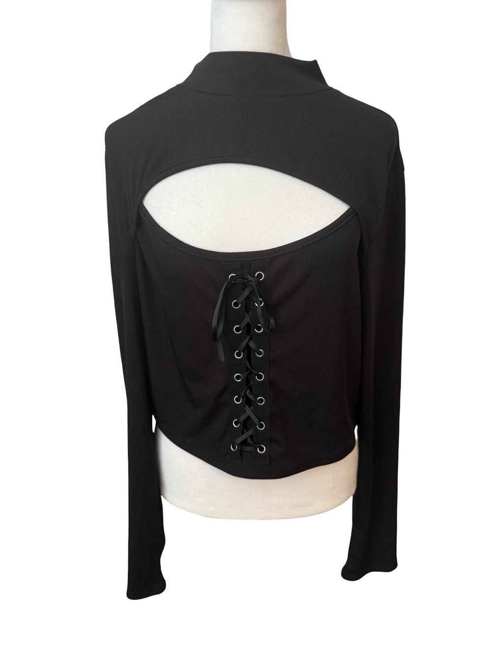 Goth Whimsigoth Long Sleeve Lace Up Stretchy Black Crop Top Going Out Top Rave